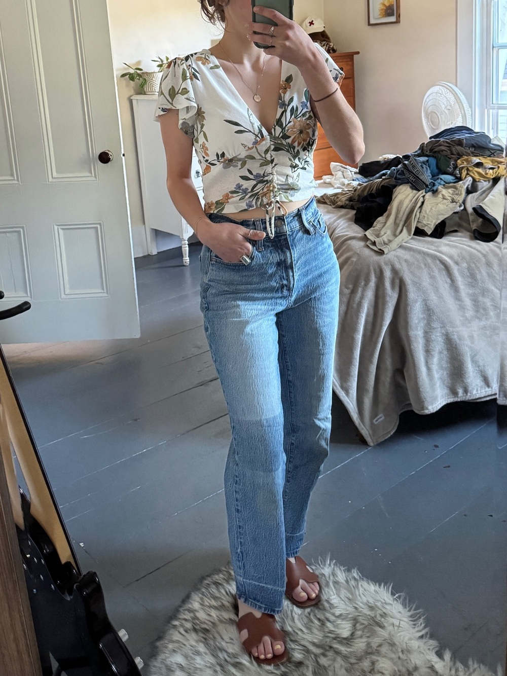 Floral Ruched V-Neck Crop Top in White and Orange